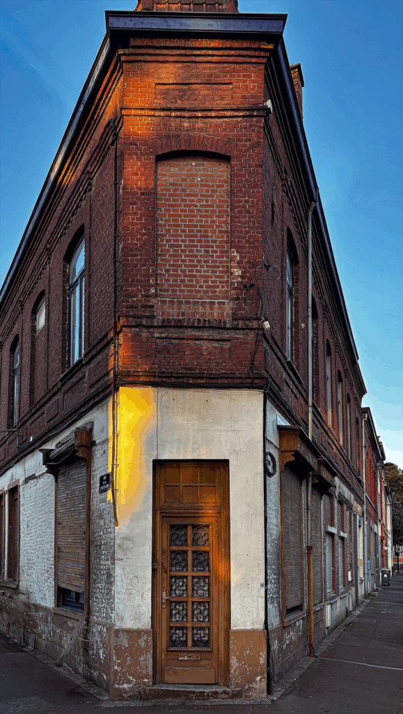 Un bâtiment situé à l’angle de deux rues, en forme de triangle rappelant un « flatiron ». Sa façade est en briques sombres, avec plusieurs ouvertures soit murées, soit fermées par des volets métalliques. Au rez-de-chaussée, une porte vitrée ornée de détails décoratifs se trouve à la pointe du bâtiment, encadrée par une partie en enduit plus clair qui contraste avec la brique. Des câbles électriques courent le long de la façade, et un lampadaire en saillie domine l’ensemble. Sur le trottoir, des poubelles et un panneau de signalisation complètent la scène. L’impression générale est celle d’un lieu abandonné, figé dans le temps.